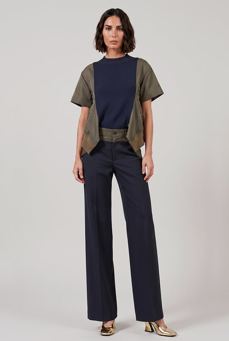 SACAI RTW Contrast S/S Panel X Knit Pullover Top | Navy/Khaki