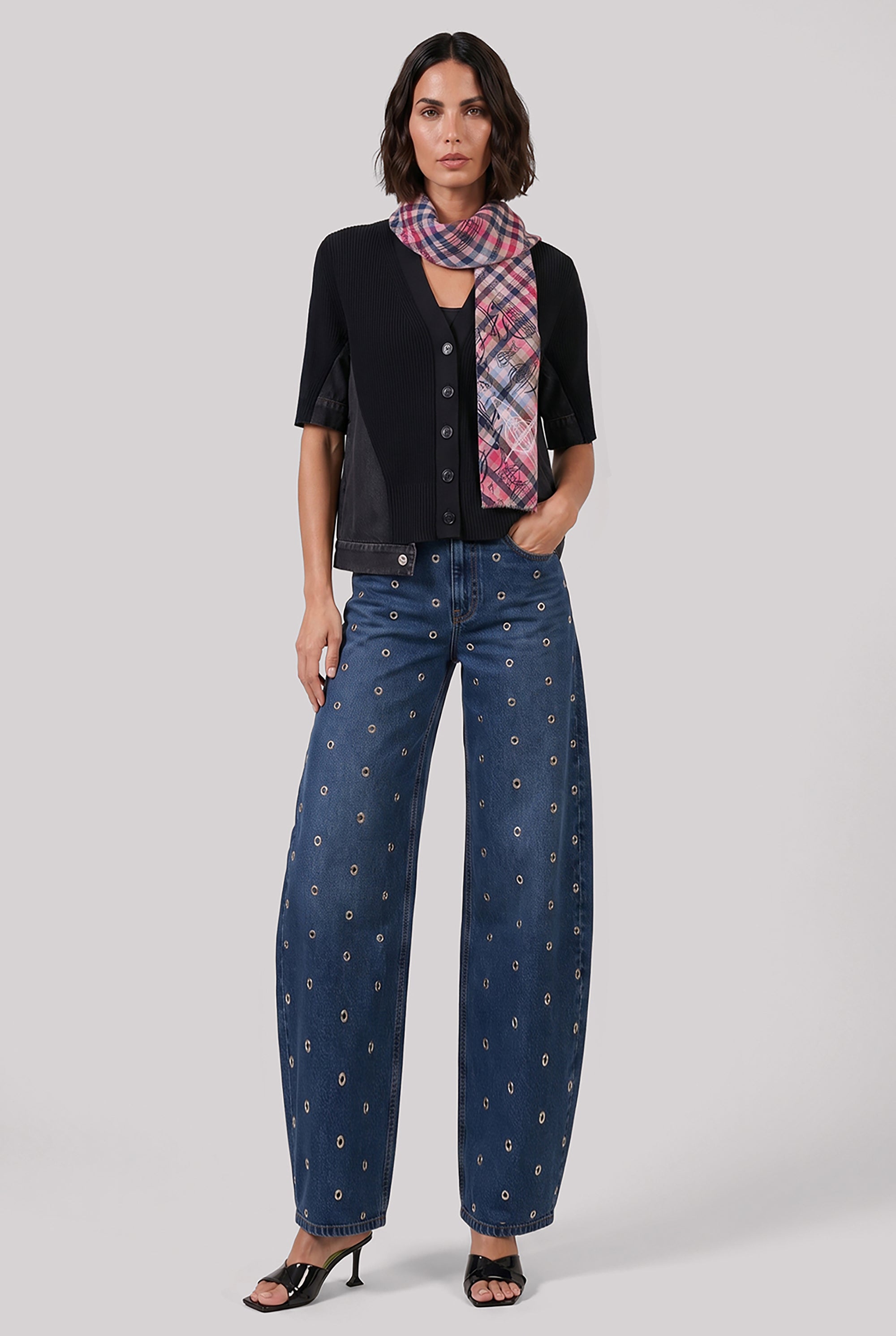 SACAI RTW Denim Knit Cardigan Top | Black