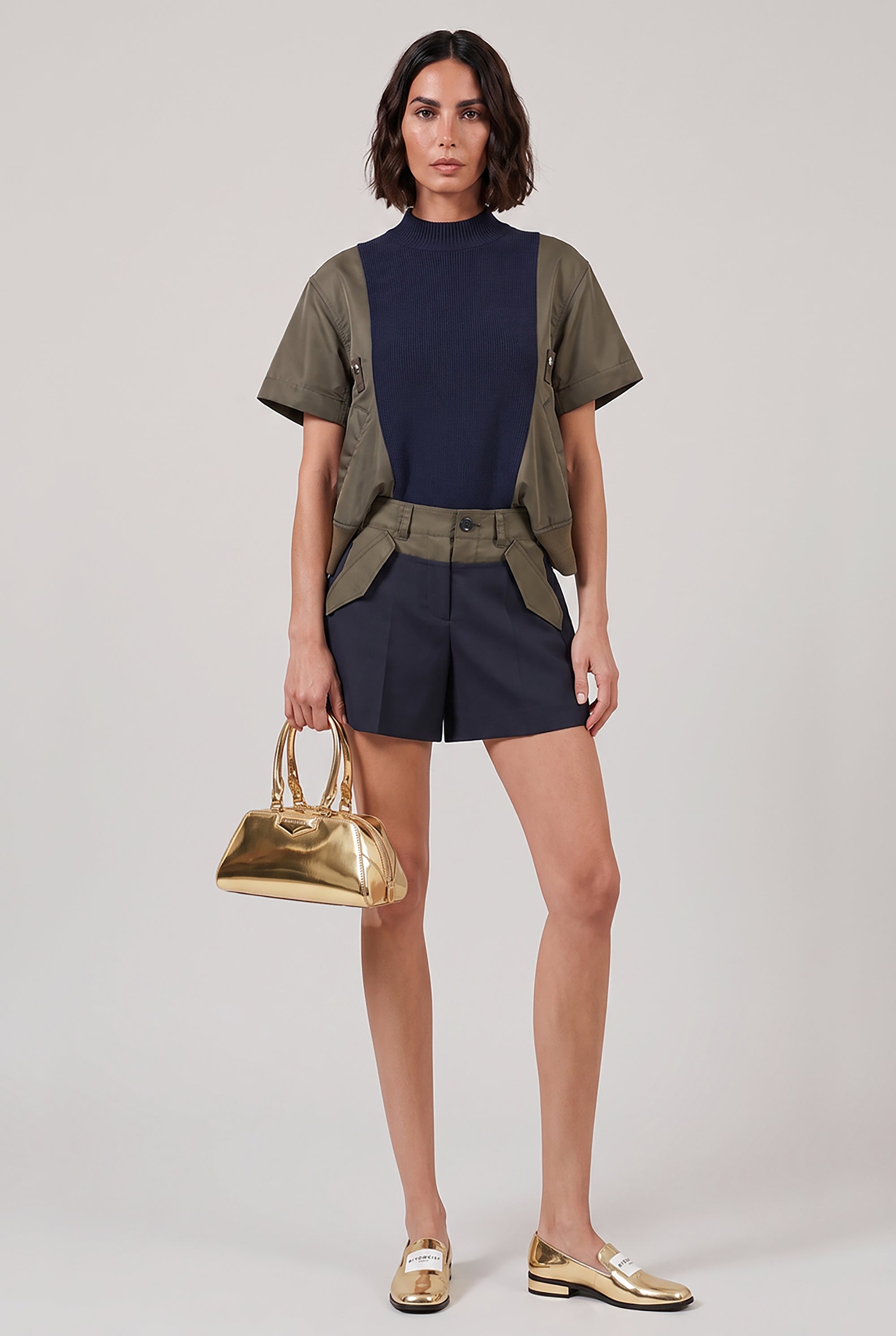 SACAI RTW Contrast S/S Panel X Knit Pullover Top | Navy/Khaki