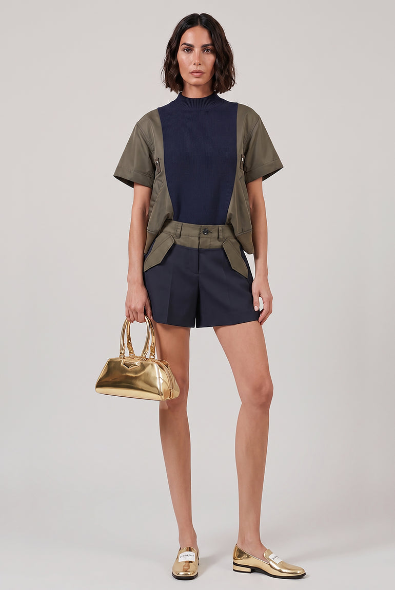 SACAI RTW Contrast S/S Panel X Knit Pullover Top | Navy/Khaki