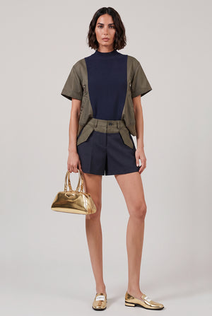 SACAI RTW Contrast S/S Panel X Knit Pullover Top | Navy/Khaki