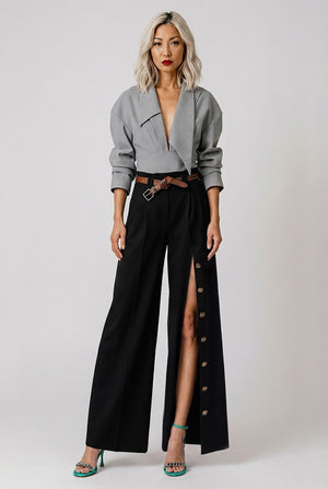 High Side Split Pants with Button Closures | Black