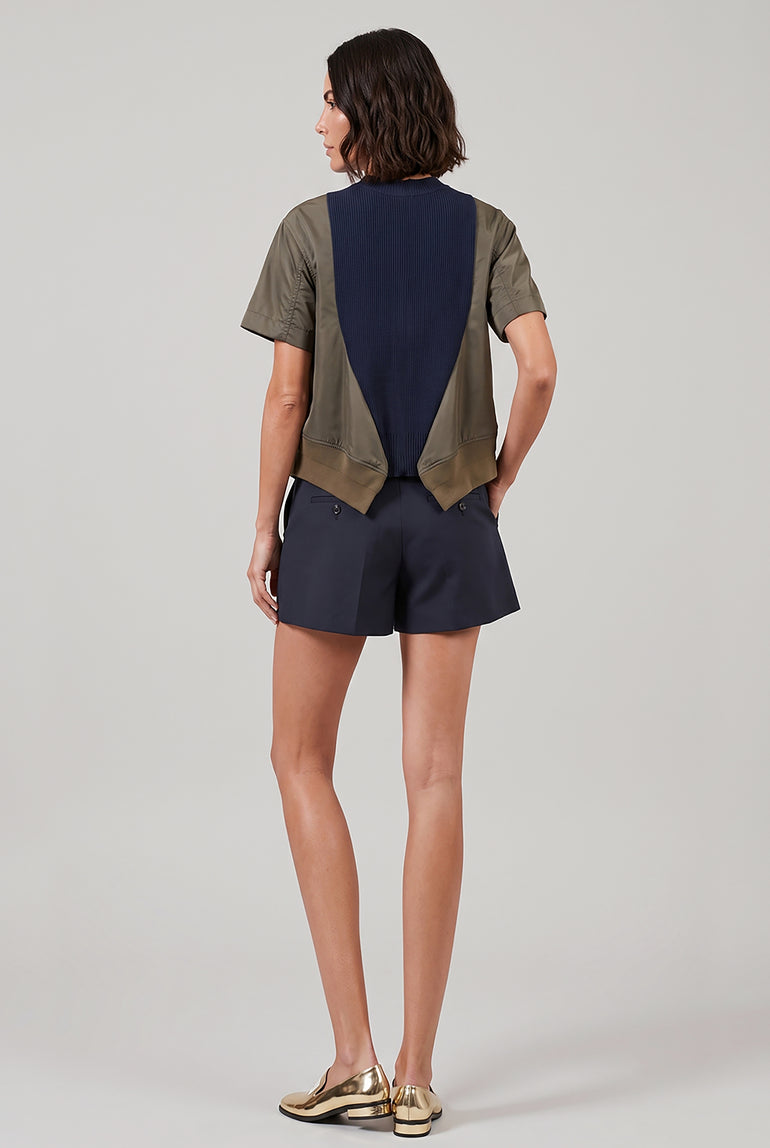 SACAI RTW Contrast S/S Panel X Knit Pullover Top | Navy/Khaki