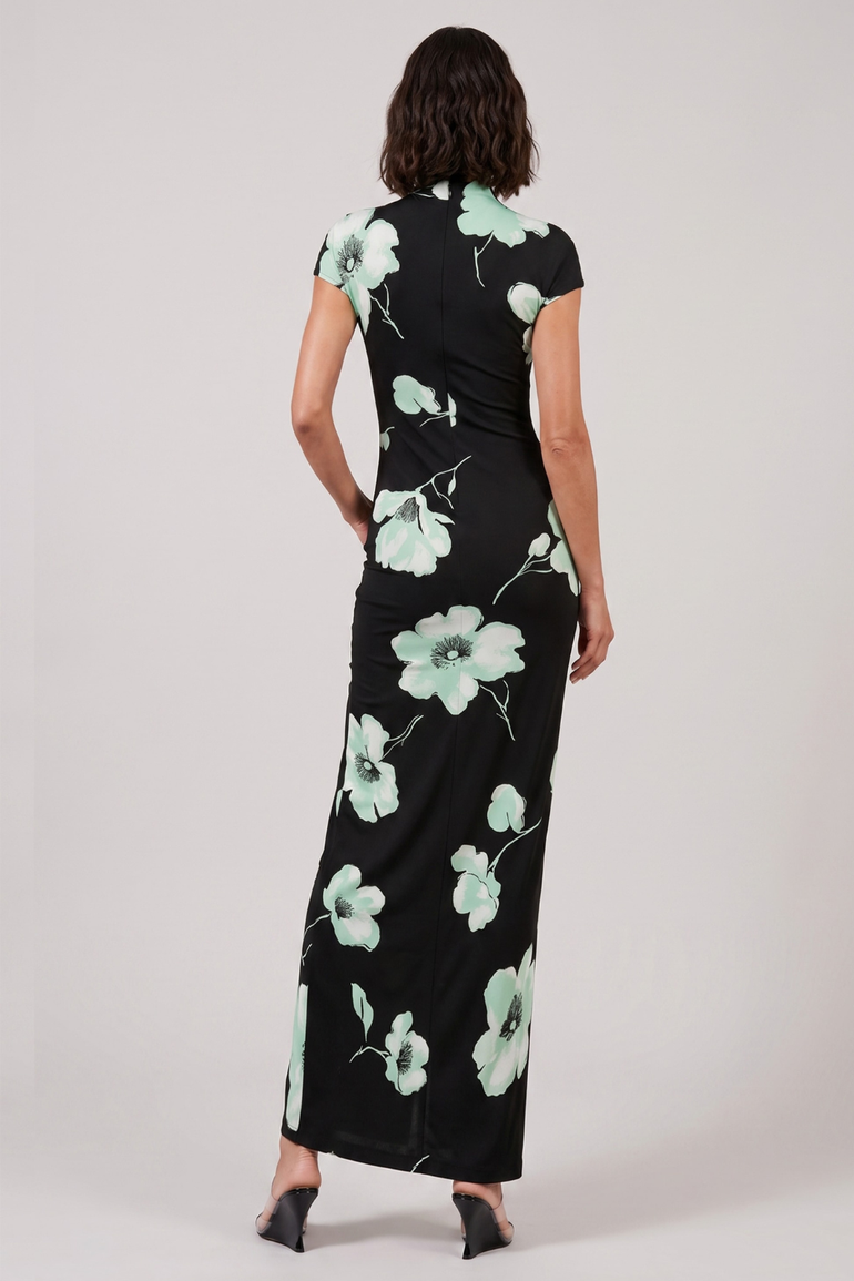ALAIA RTW PATTERN / Black/Aqua / 36 Draped Asymmetric Jersey Print Dress | Black/Aqua