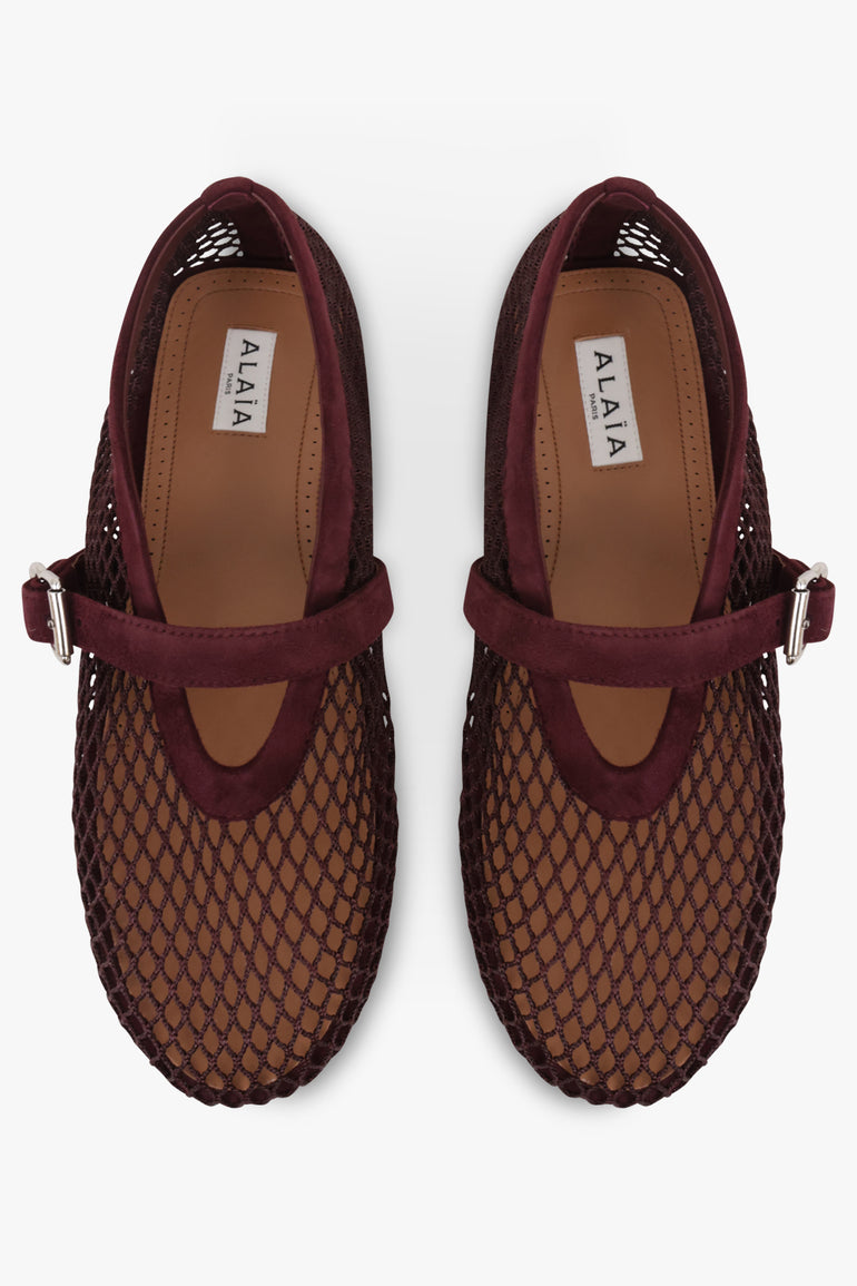 ALAIA SHOES Fishnet Mesh Ballet Flat | Garnet Red