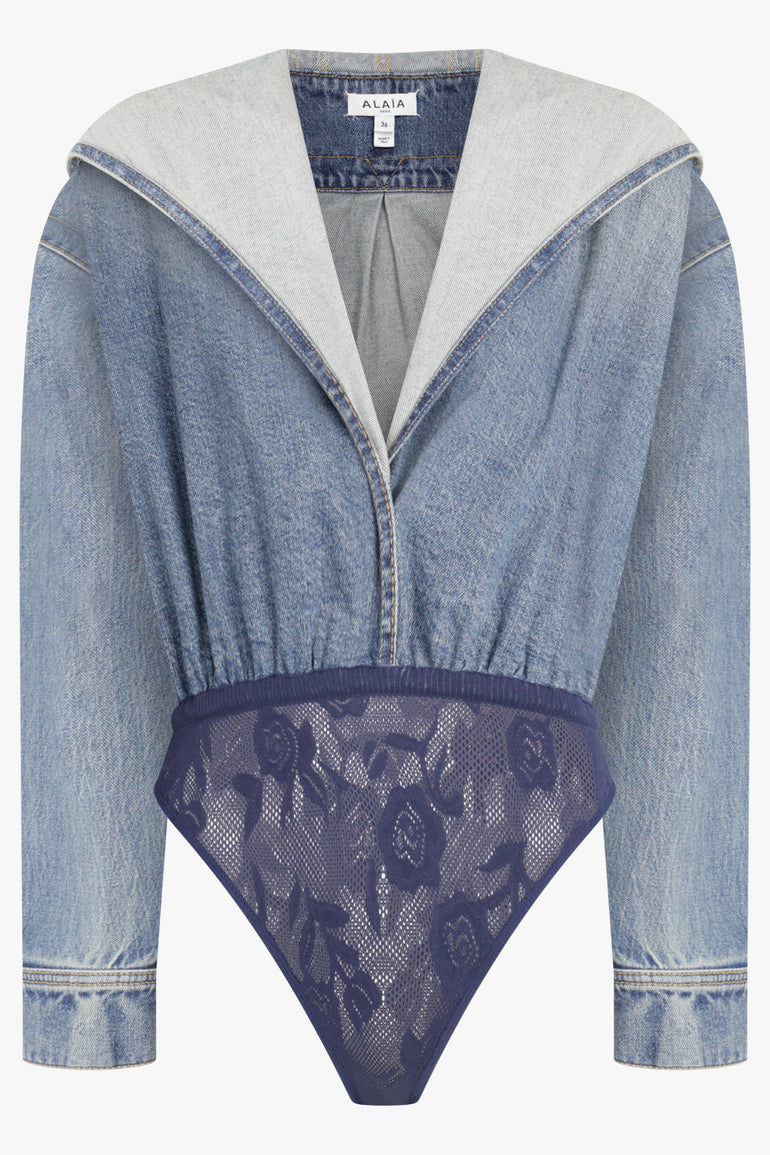 ALAIA RTW Hooded Bodysuit | Blue Denim