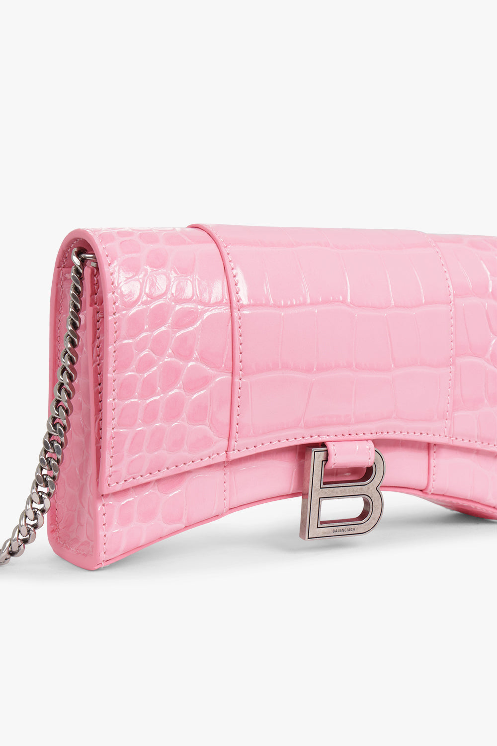 BALENCIAGA BAGS MULTI HOURGLASS WALLET ON CHAIN CROC EMBOSSED | SWEET PINK/SILVER