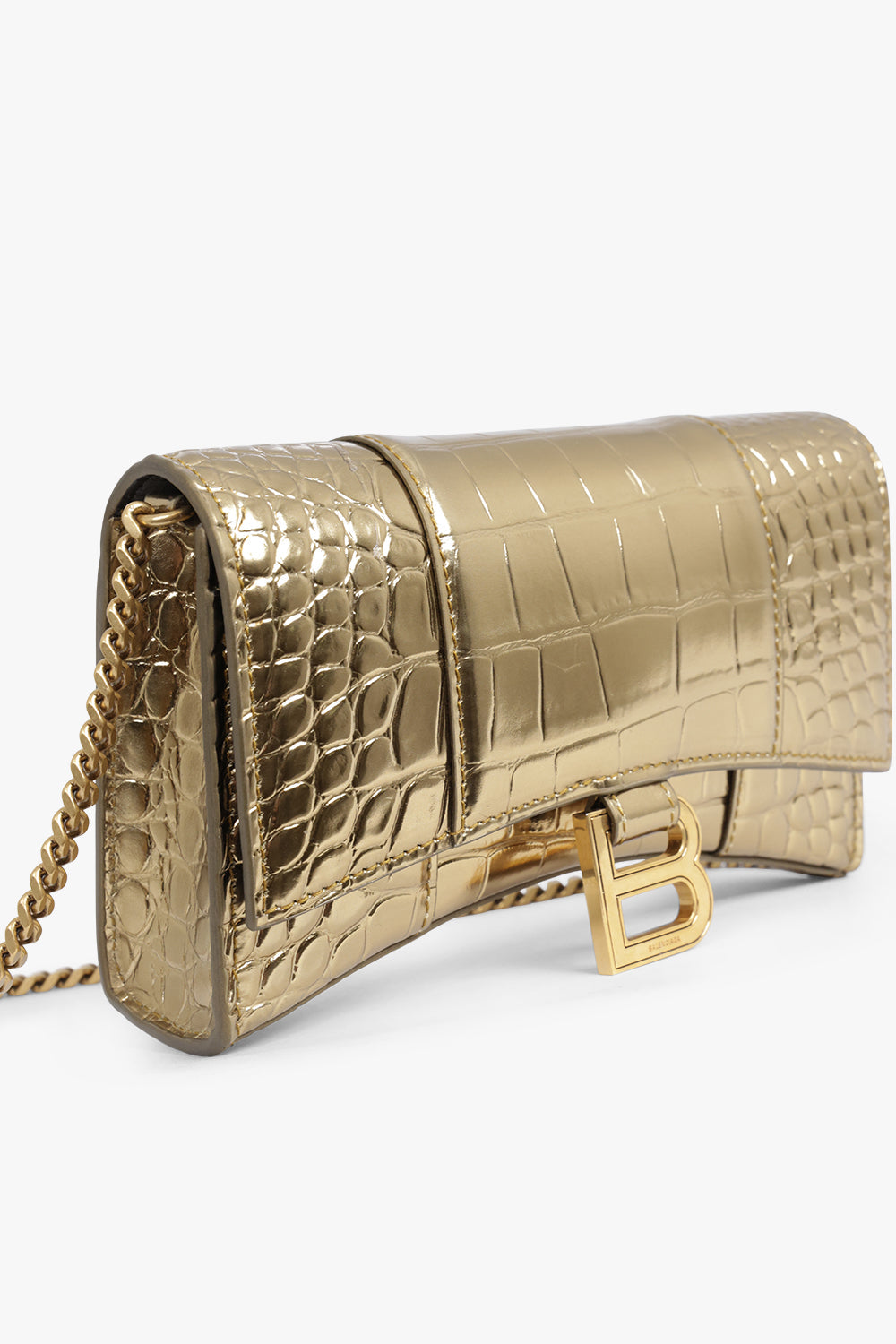 BALENCIAGA BAGS MULTI HOURGLASS WALLET ON CHAIN METALLISED CROC EMBOSSED | GOLD/GOLD