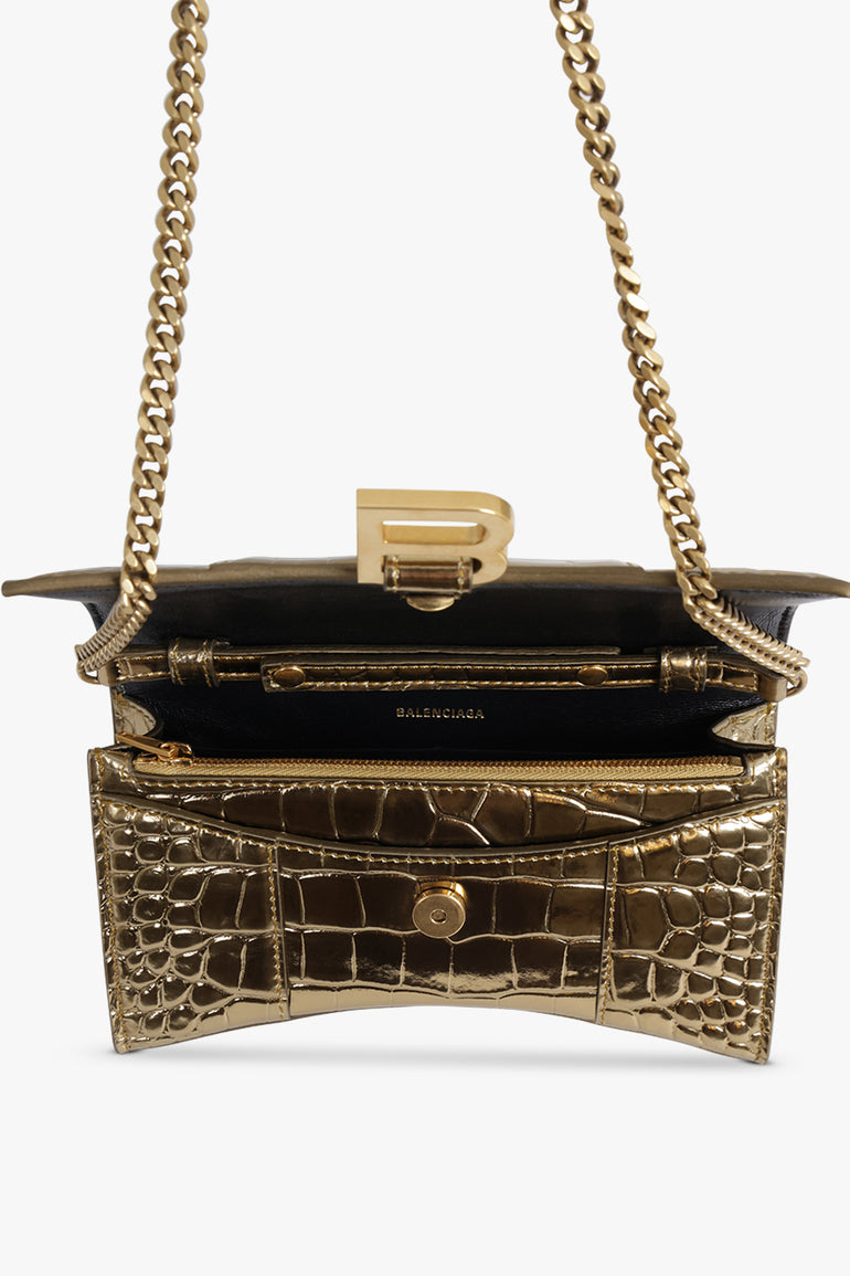 BALENCIAGA BAGS MULTI HOURGLASS WALLET ON CHAIN METALLISED CROC EMBOSSED | GOLD/GOLD