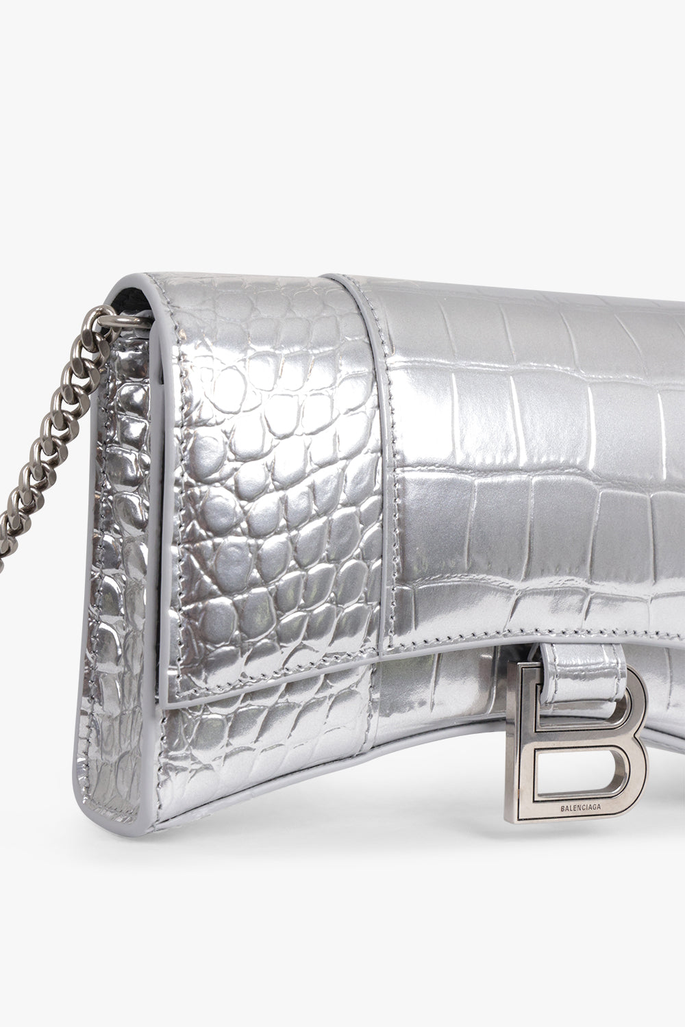 BALENCIAGA BAGS MULTI HOURGLASS WALLET ON CHAIN METALLISED CROC EMBOSSED | SILVER/SILVER