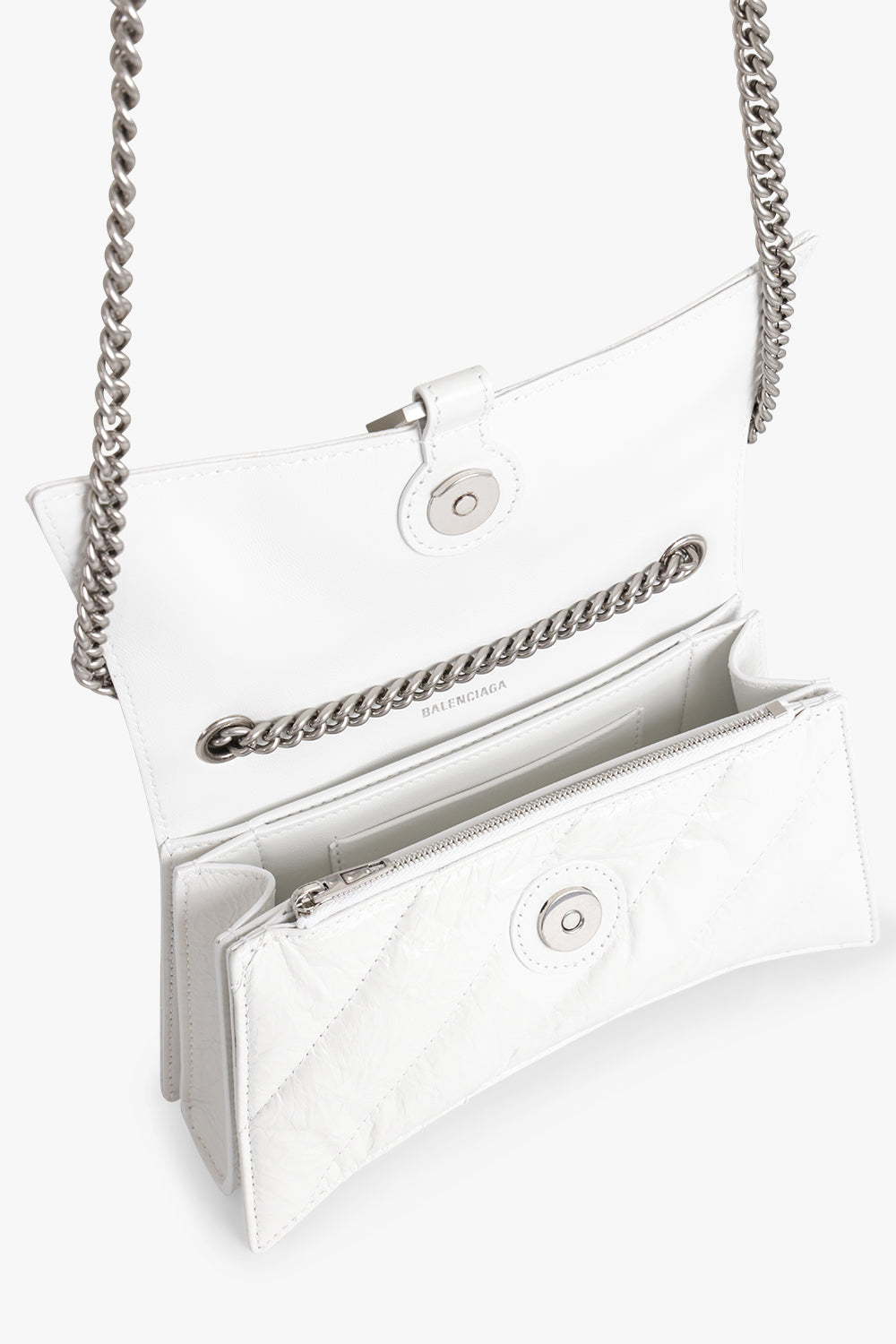 BALENCIAGA BAGS WHITE QUILTED CRUSH WALLET ON CHAIN BAG | OPTIC WHITE