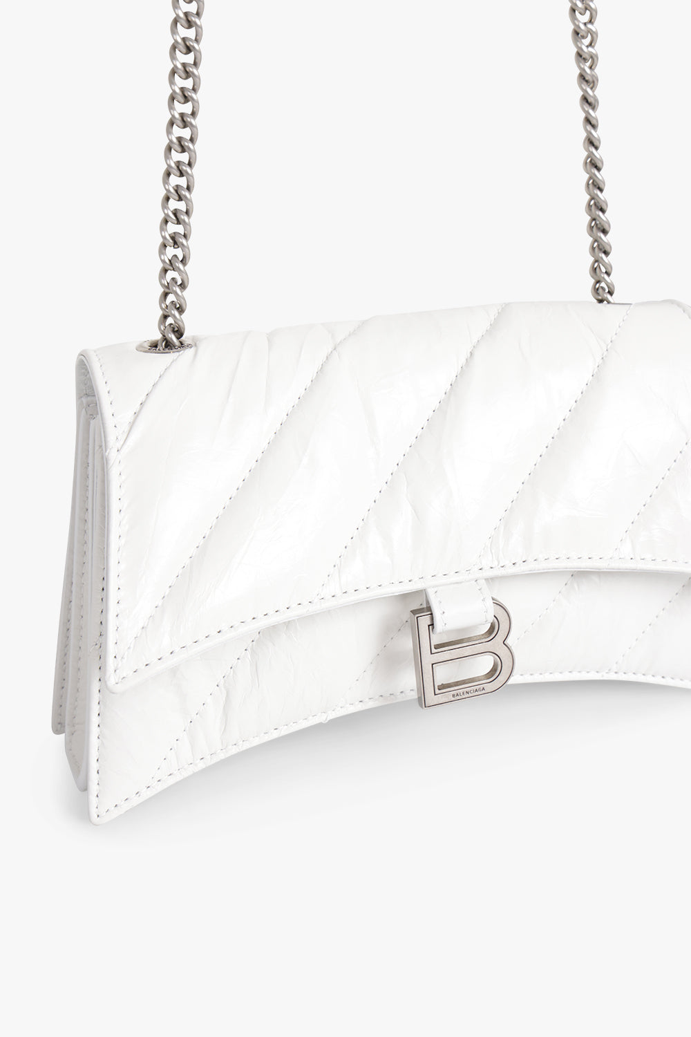 BALENCIAGA BAGS WHITE QUILTED CRUSH WALLET ON CHAIN BAG | OPTIC WHITE