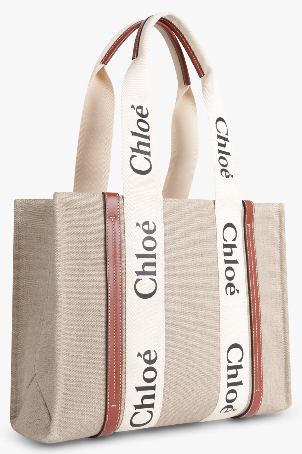 CHLOE BAGS BROWN WOODY MEDIUM TOTE BAG | WHITE/BROWN