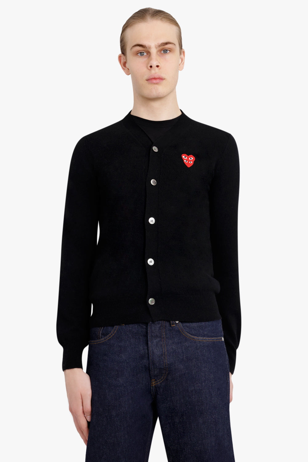 COMME DES GARCONS PLAY RTW PLAY MENS V-NECK DOUBLE HEART CARDIGAN | BLACK/RED HEART