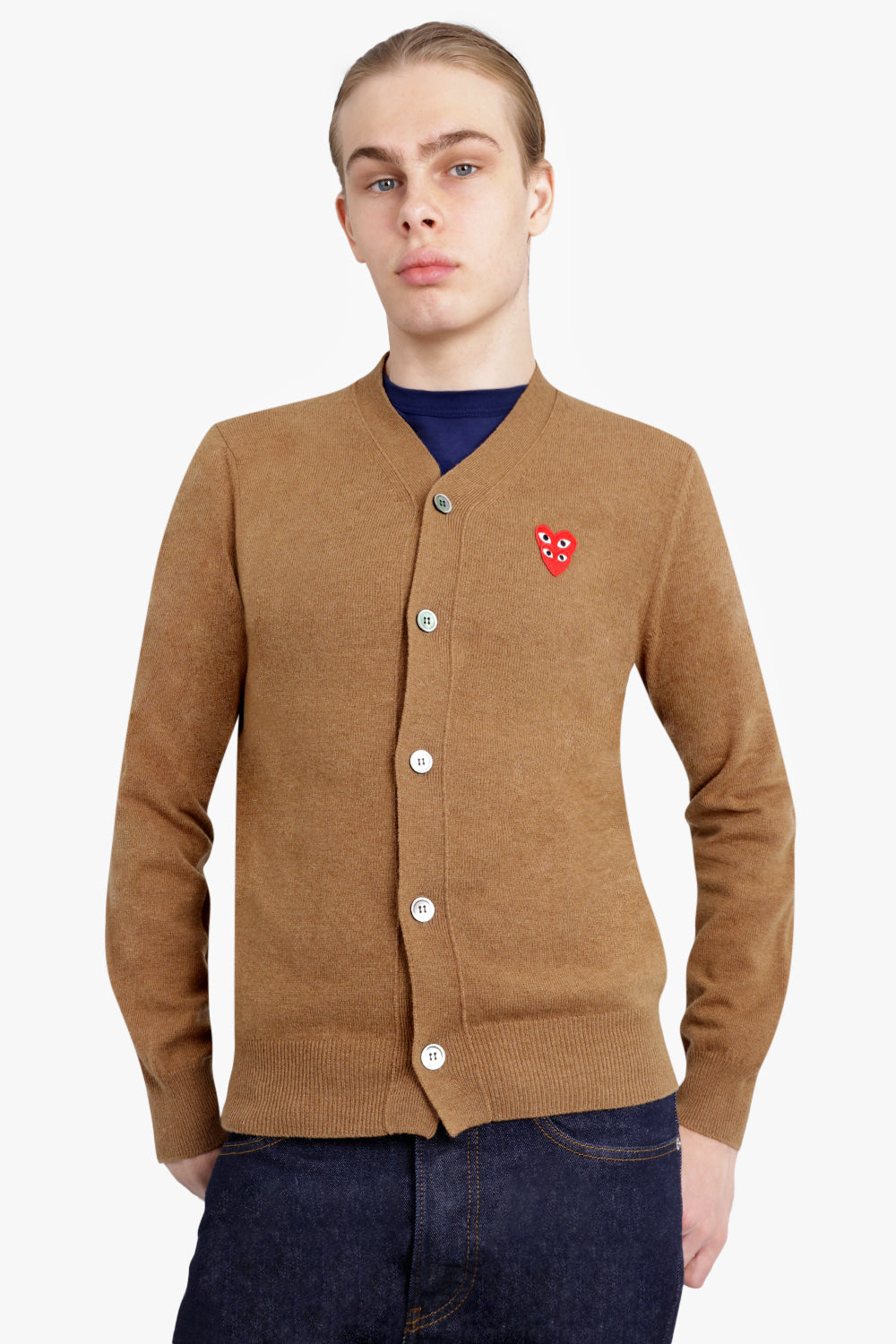 COMME DES GARCONS PLAY RTW PLAY MENS V-NECK DOUBLE HEART CARDIGAN  | BROWN/RED HEARTS