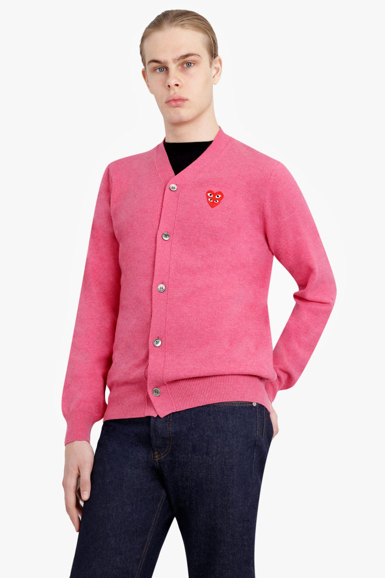 COMME DES GARCONS PLAY RTW PLAY MENS V-NECK DOUBLE HEART CARDIGAN | PINK/RED HEART