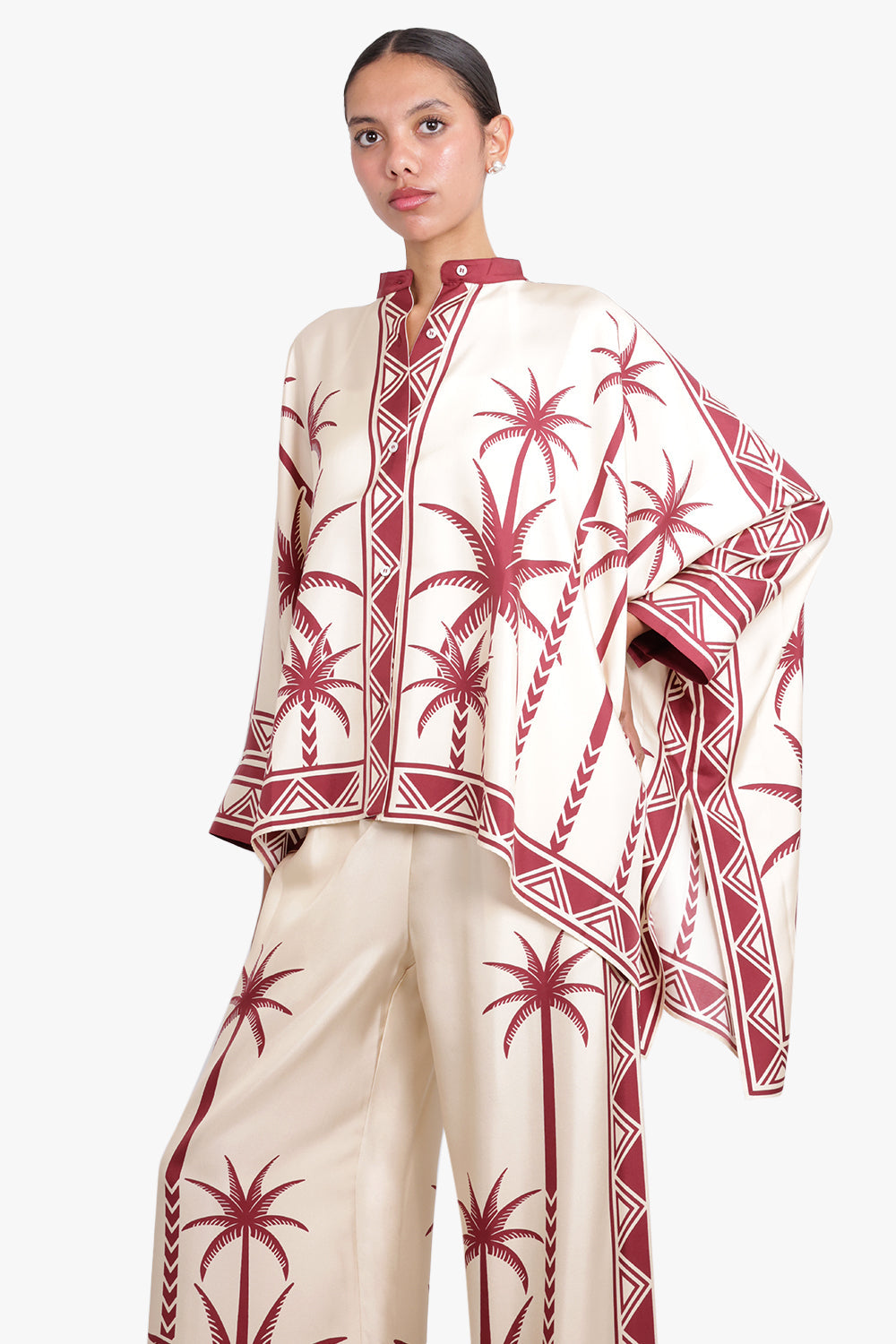 LA DOUBLEJ RTW Silk Twill Foulard Shirt | Date Palms Placee Ivory