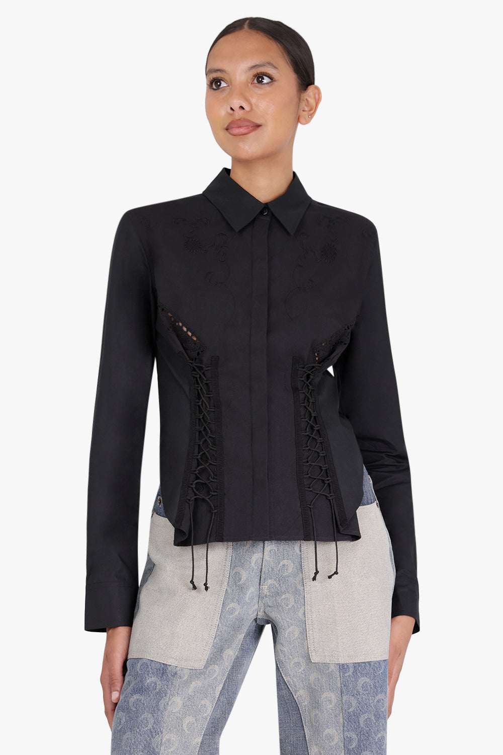 MARINE SERRE RTW Regenerated Household Linen Corset Shirt | Black