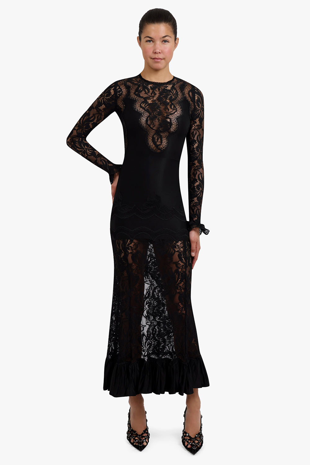 PACO RABANNE RTW Maxi Lace Panel Dress With Ruffles | Black