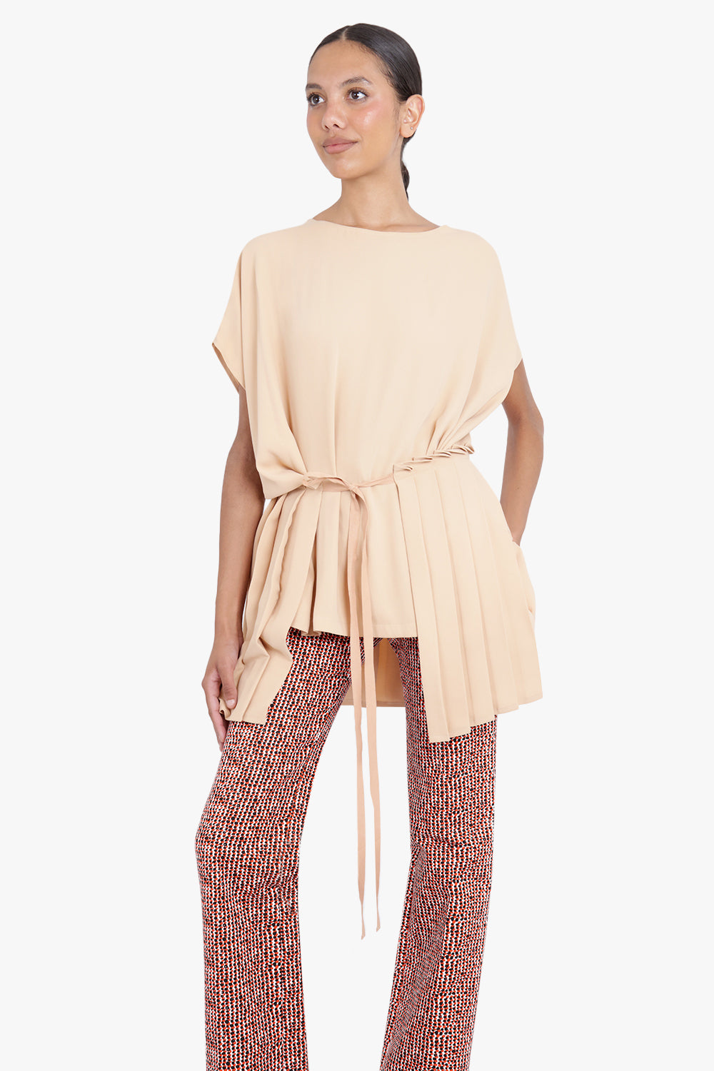 MM6 BY MAISON MARGIELA RTW TIE UP PLEATED BLOUSE S/S NUDE