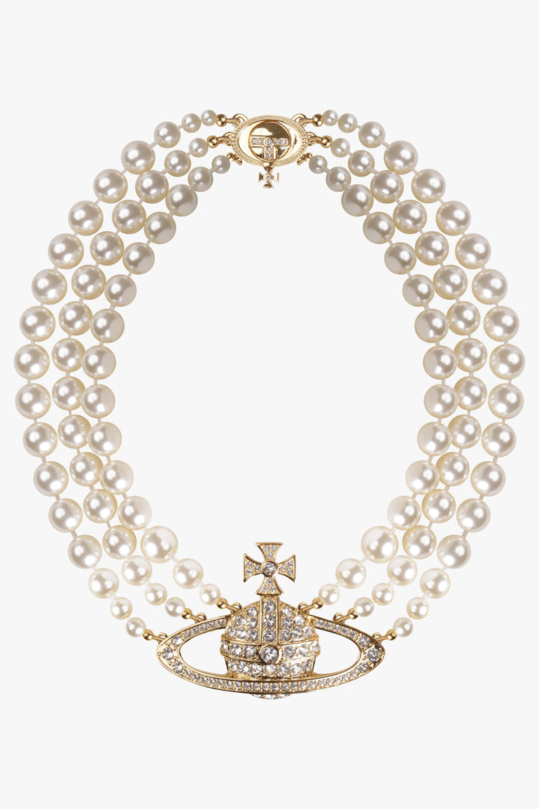 VIVIENNE WESTWOOD JEWELLERY Gold Three Row Pearl Bas Relief Choker | Gold/Pearl/Crystal