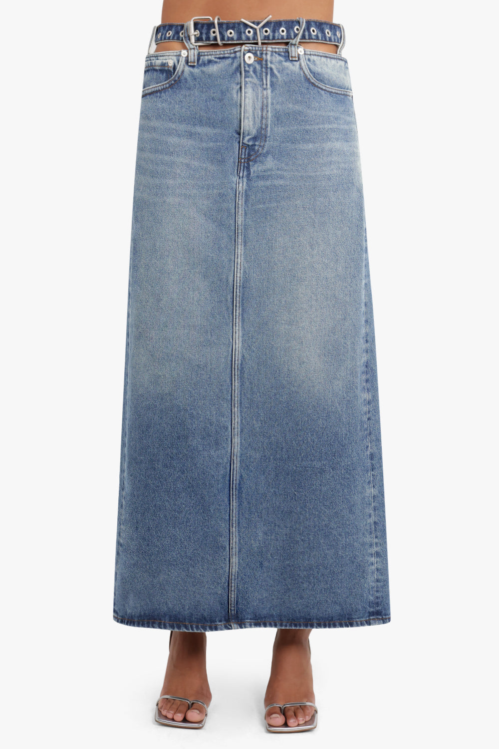 Y/PROJECT RTW Y Belt Denim Midi Skirt | Evergreen Vintage Blue