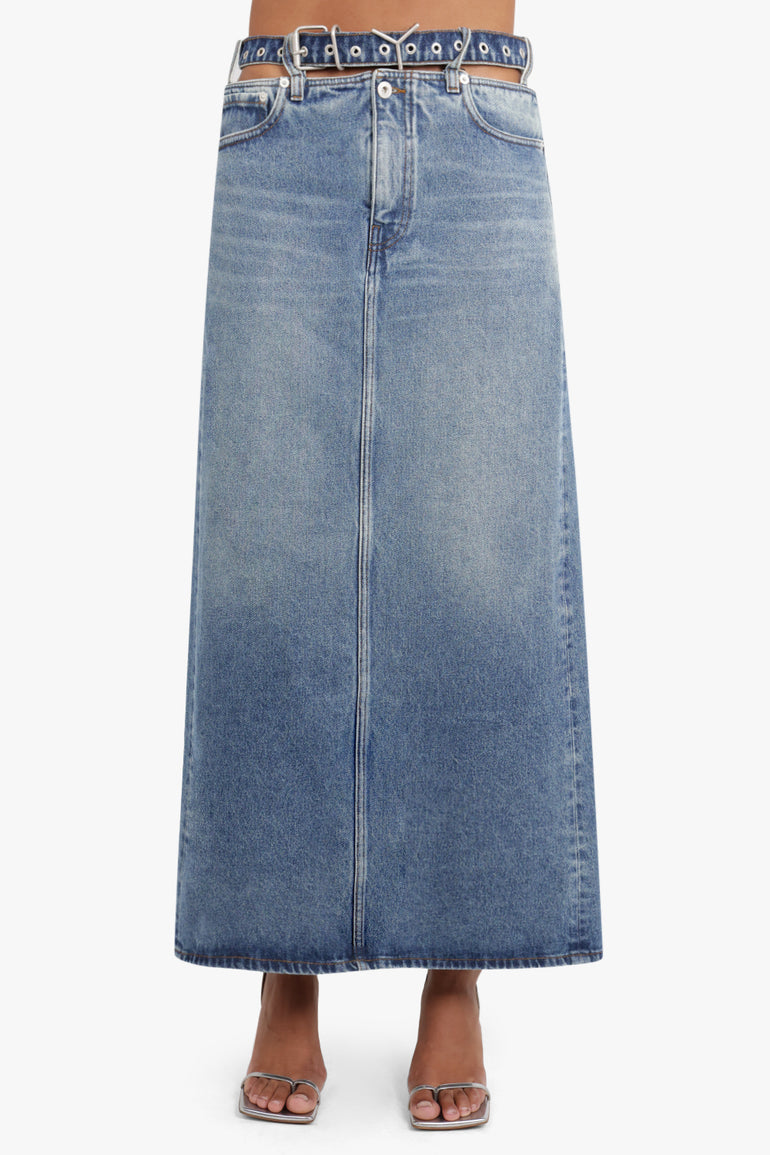 Y/PROJECT RTW Y Belt Denim Midi Skirt | Evergreen Vintage Blue
