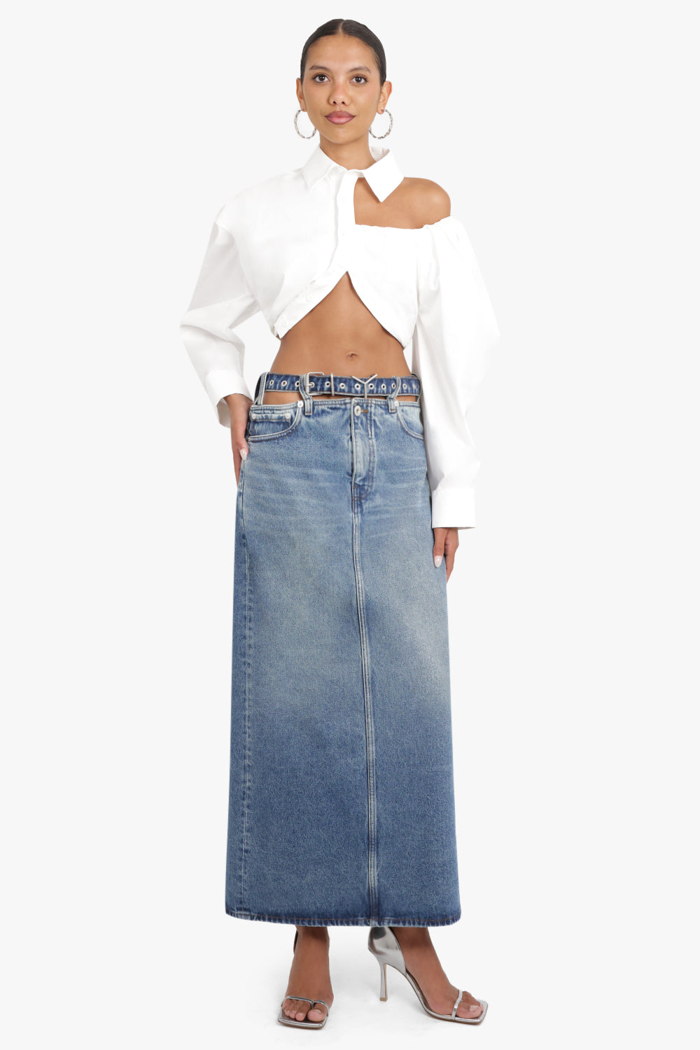 Y/PROJECT RTW Y Belt Denim Midi Skirt | Evergreen Vintage Blue