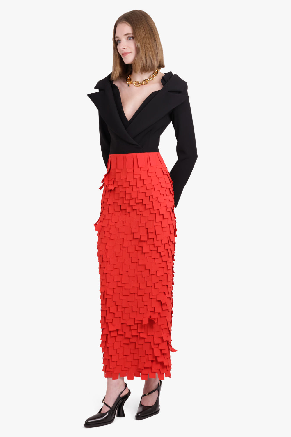 AWAKE MODE RTW Multi Rectangle Textured Maxi Skirt | Red