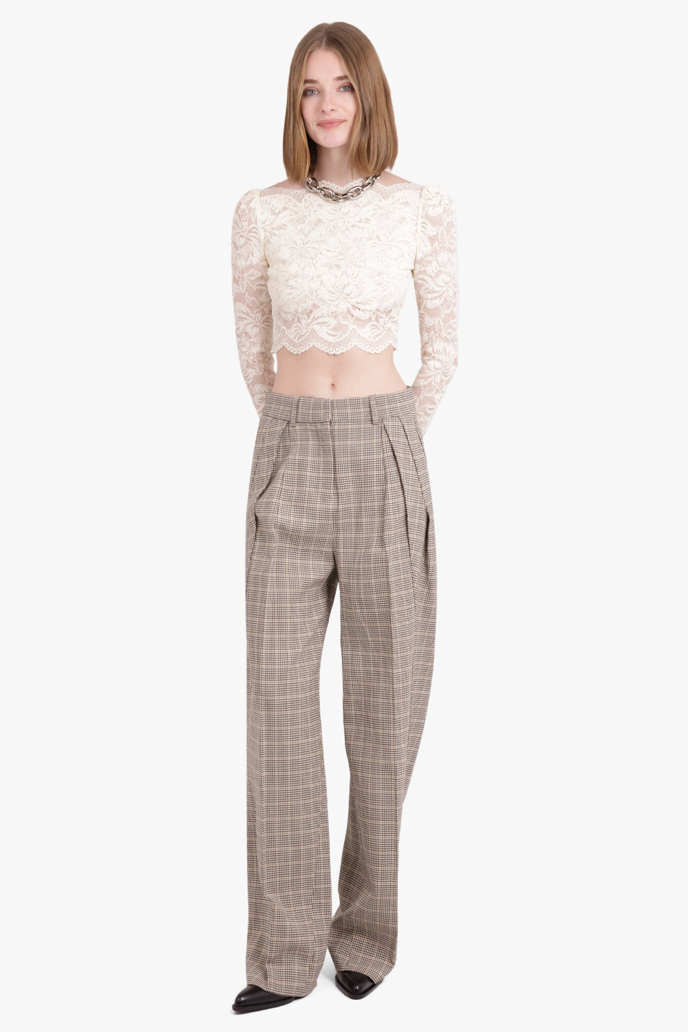 RABANNE RTW Check Print Straight Pant | Beige