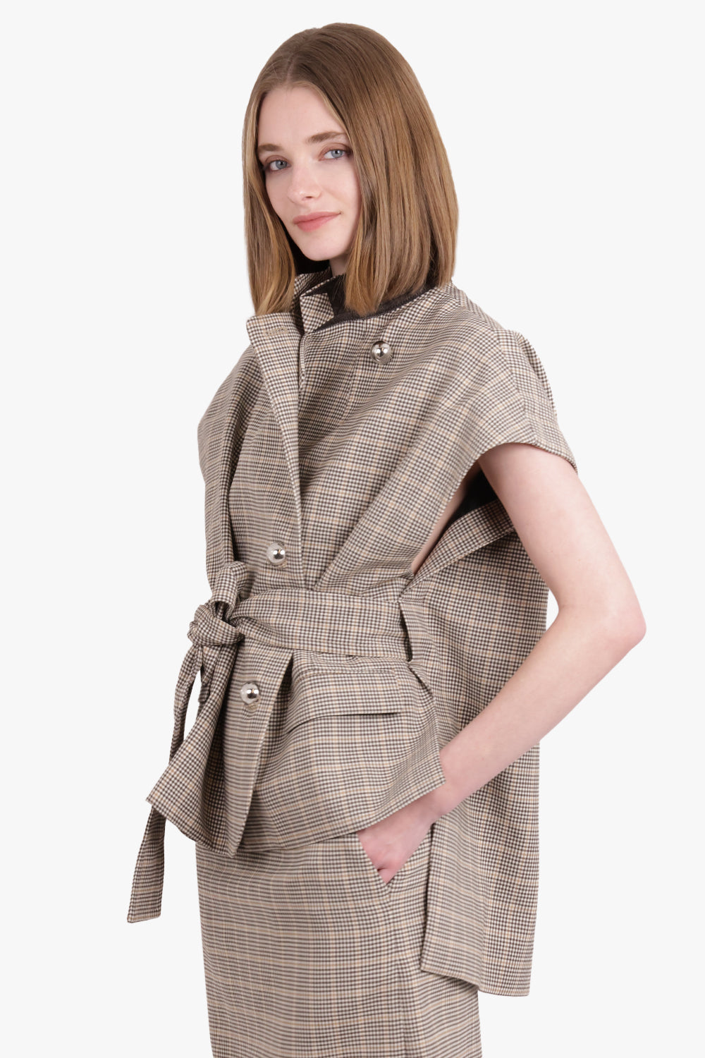 RABANNE RTW Tie Front S/S Asymmetric Check Print Jacket | Beige