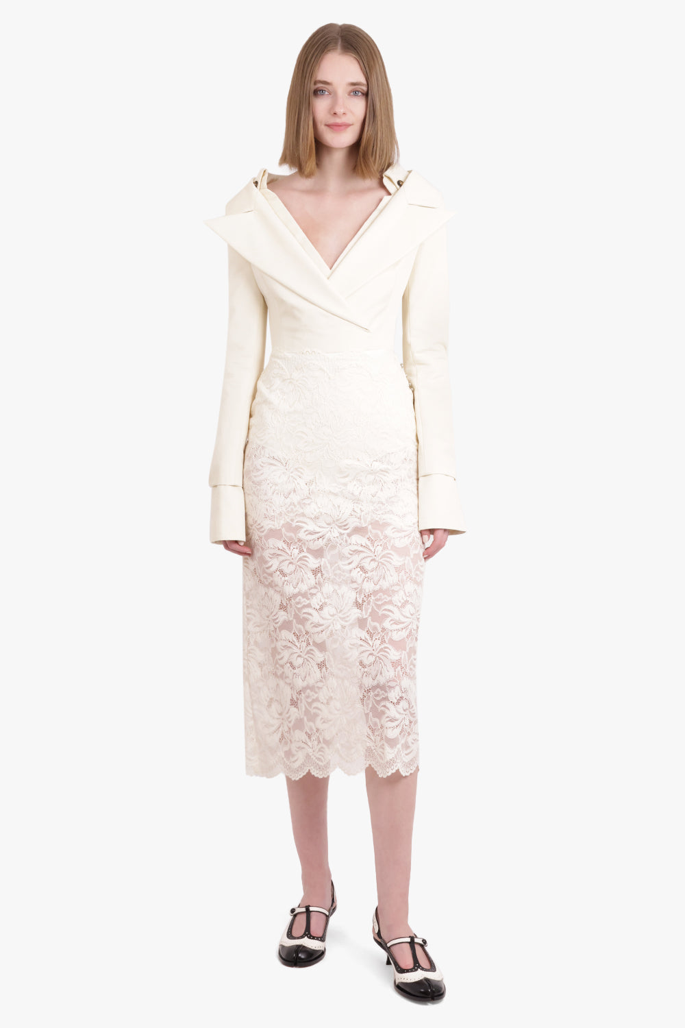 RABANNE RTW Lace Straight Midi Skirt | Ivory