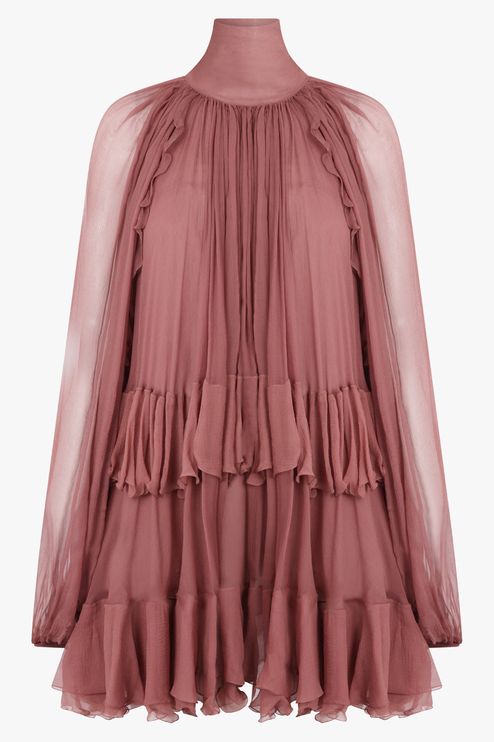 CHLOE RTW High neck L/S Ruffle Detail Mini Dress | Woodrose Pink