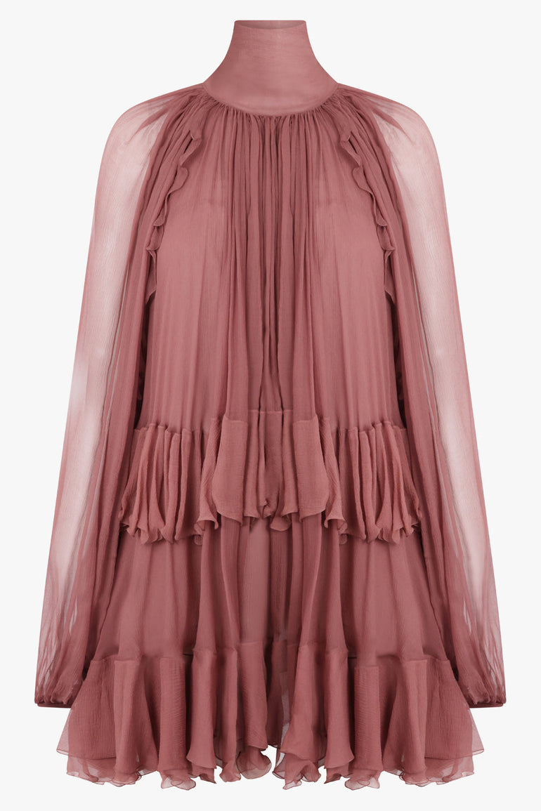 CHLOE RTW High neck L/S Ruffle Detail Mini Dress | Woodrose Pink
