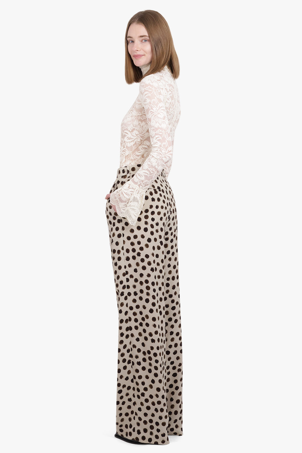 RABANNE RTW High Neck L/S Pleat Detail Lace Top | Ivory