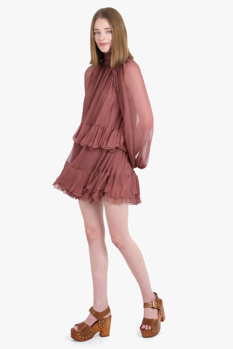 CHLOE RTW High neck L/S Ruffle Detail Mini Dress | Woodrose Pink