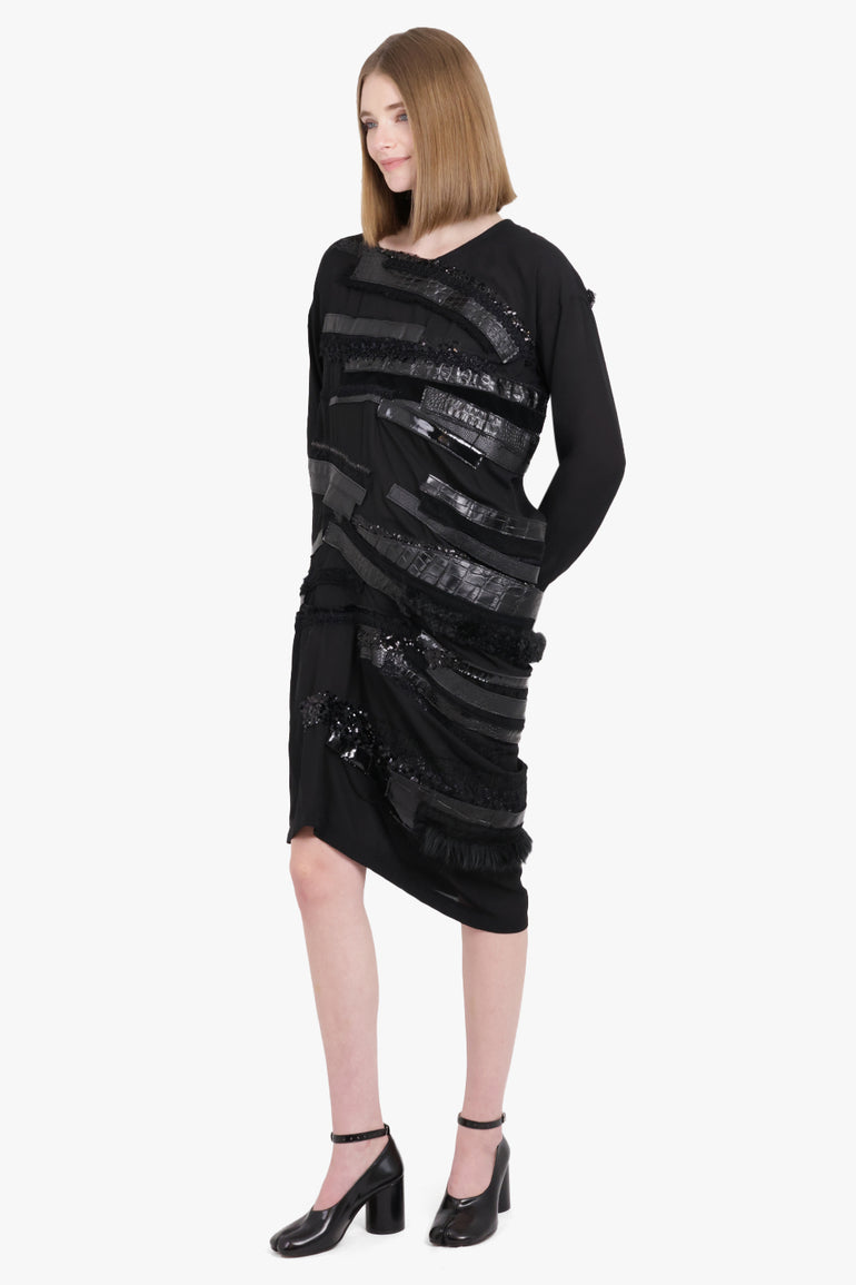 Asymmetric L/S Midi Dress with Leather x Sequin Panels | Black Parlour X Asymmetric L/S Midi Dress with Leather x Sequin Panels | Black Parlour X