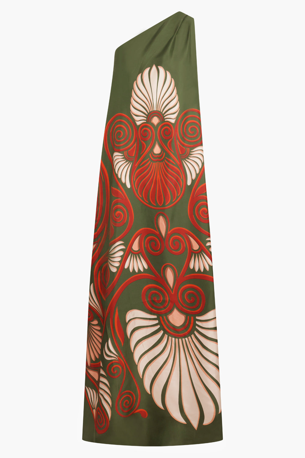 one shoulder long dress medallion print Brown One Shoulder Jacquard Mermaid Gown With Drape Detail