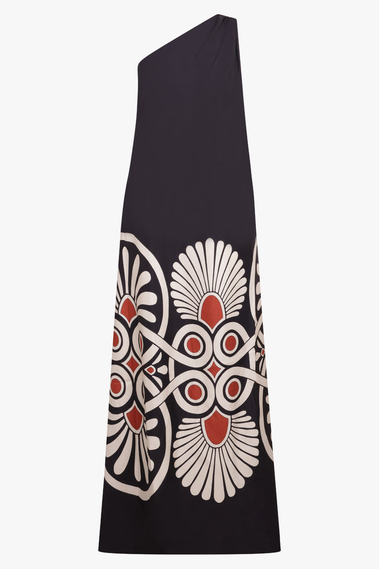 midi one shoulder long dress medallion print Medallion Print Long Sleeve Dress with Removable Scarf (Women)