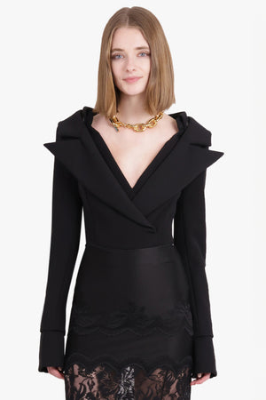 AWAKE MODE RTW Low Cut Decollete Crossover Shirt Jacket Detail Bodysuit | Black