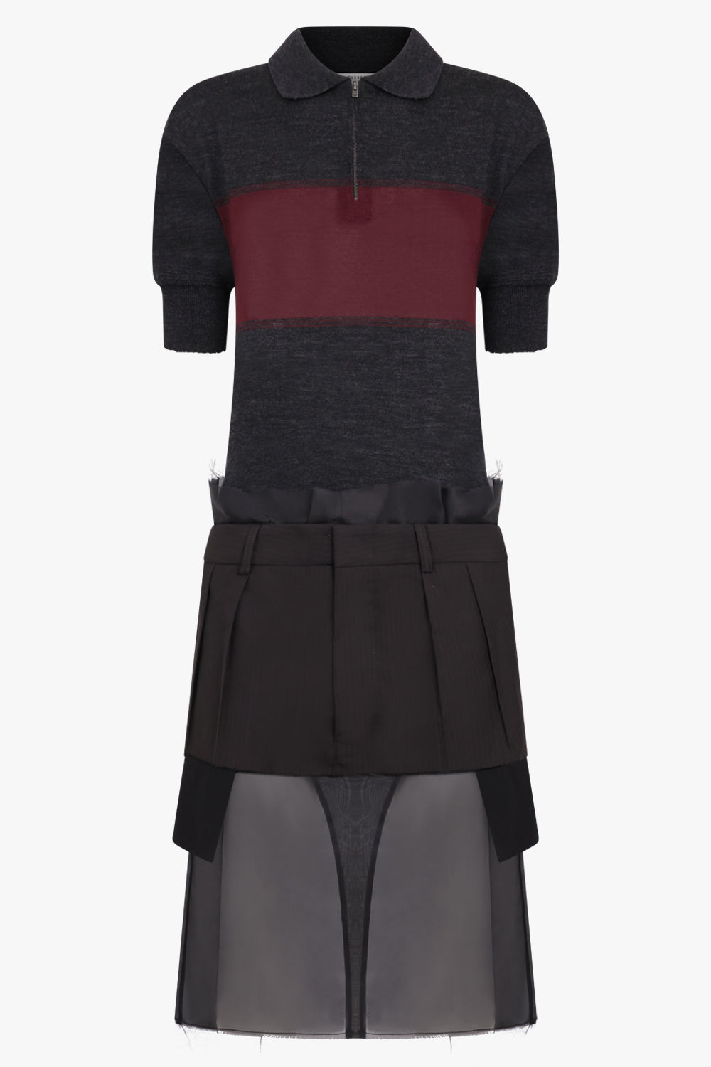 MAISON MARGIELA RTW Polo Top Style S/S Midi Dress with Quilted Sheer Skirt | Charcoal/Burgundy
