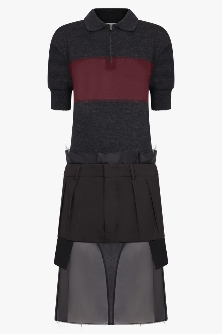 MAISON MARGIELA RTW Polo Top Style S/S Midi Dress with Quilted Sheer Skirt | Charcoal/Burgundy