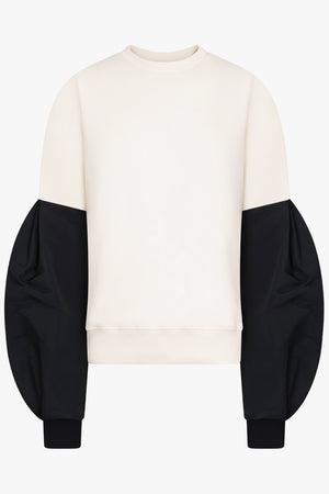 NINA RICCI RTW Crewneck L/S Sweatshirt With Balloon Sleeves | Cream/Black