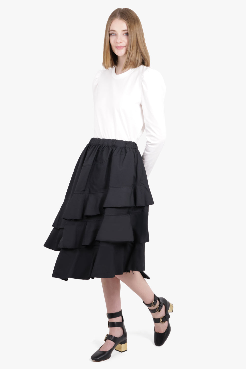 BLACK COMME DES GARÇONS RTW Asymmetric Ruffle Layer Midi Skirt | Black