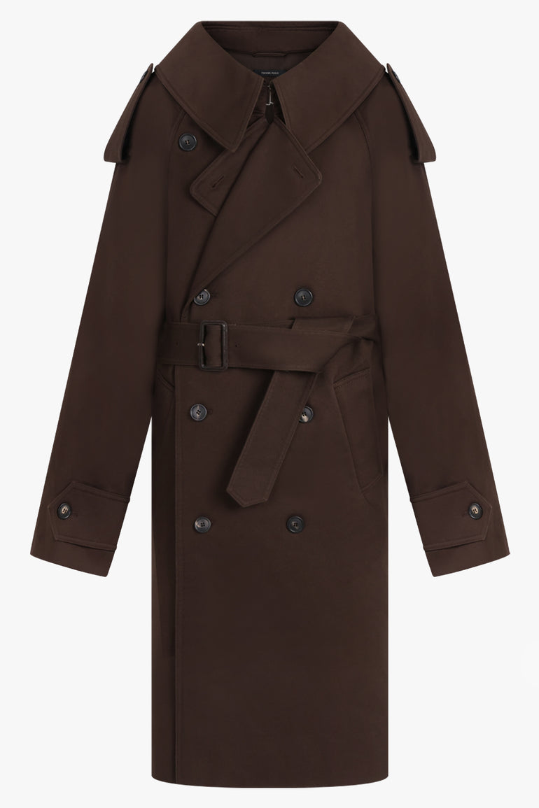 PHOEBE PHILO RTW Padded Trench Coat Exaggerated Collar | Dark Brown