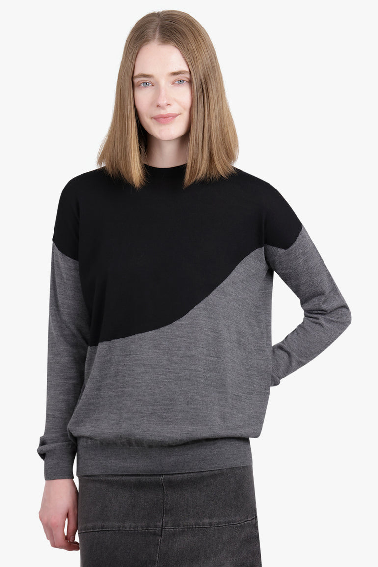 PLAN C RTW Crewneck L/S Contrast Panel Knit | Black/Grey