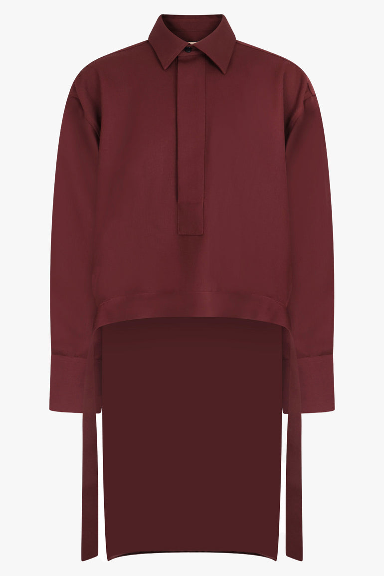 PLAN C RTW Crop Front Hi-Lo L/S Shirt | Burgundy