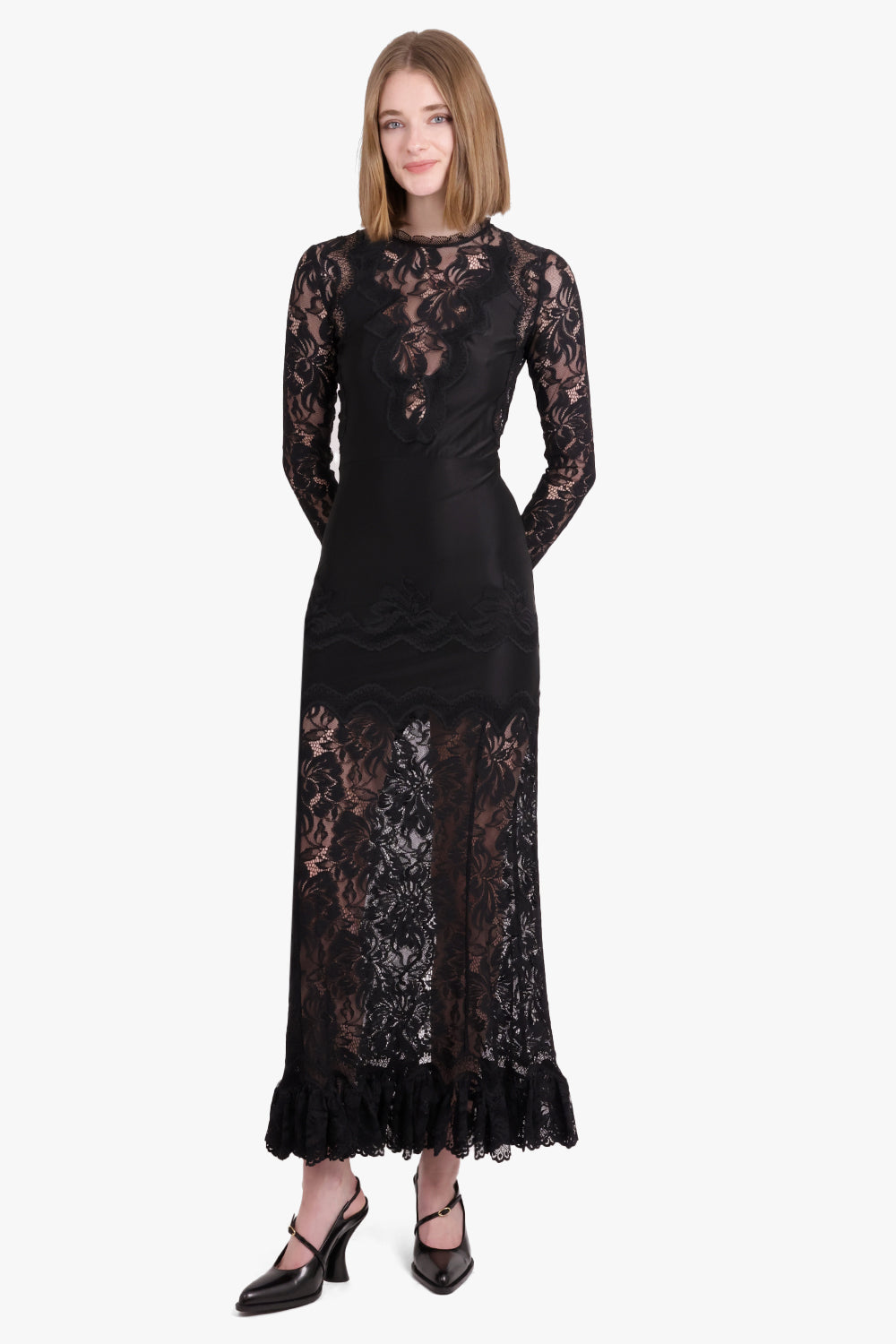 RABANNE RTW Lace L/S Maxi Gown with Ruffle Detail | Black