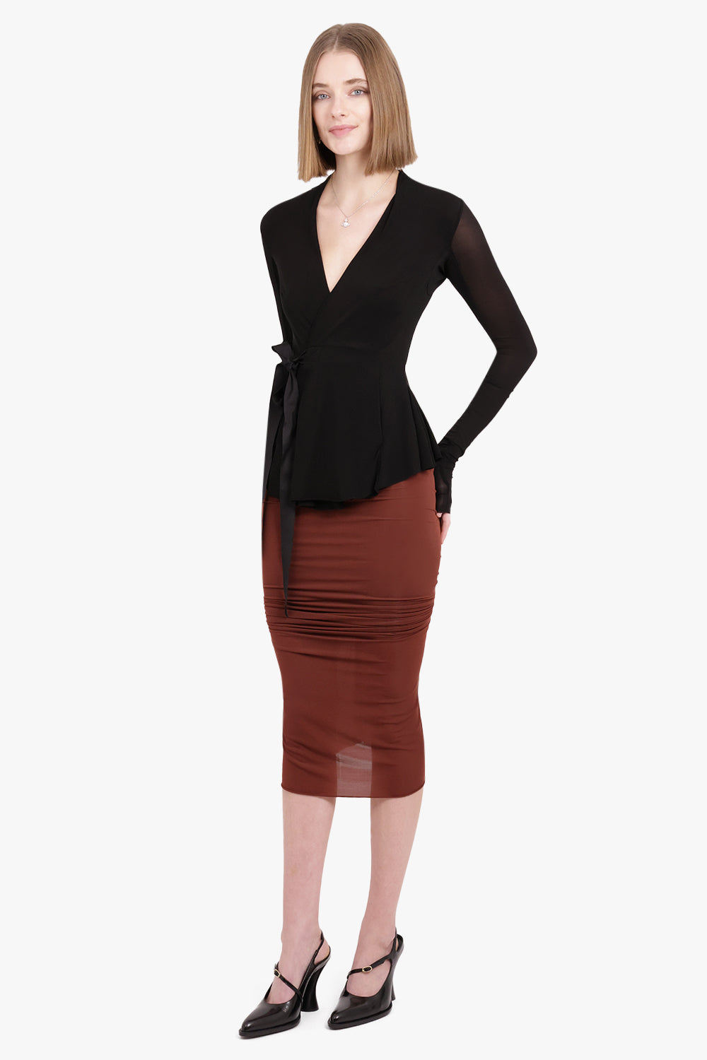 RICK OWENS RTW Shrimp Ruched Midi Skirt | Henna