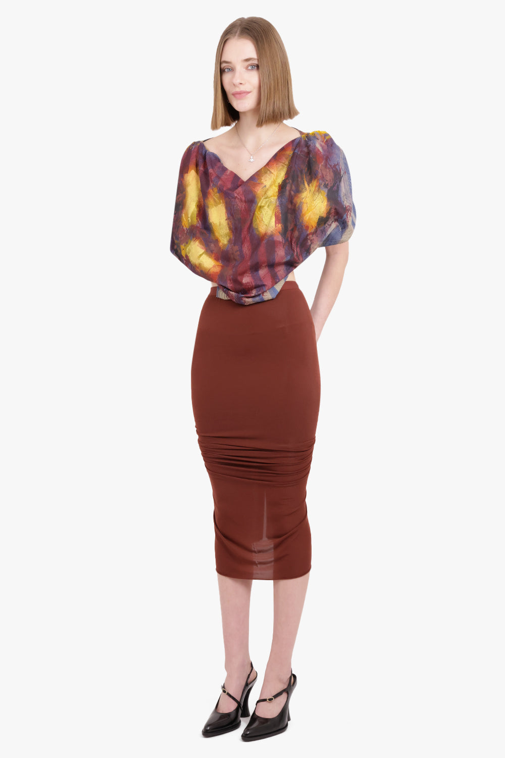 RICK OWENS RTW Shrimp Ruched Midi Skirt | Henna